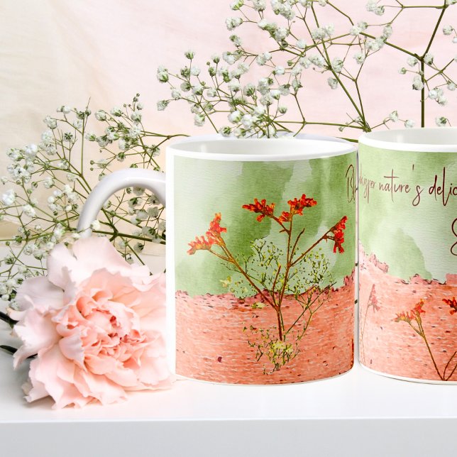 Caneca De Café Dreamy Pink Green Flowers Cita Inspiração (Criador carregado)