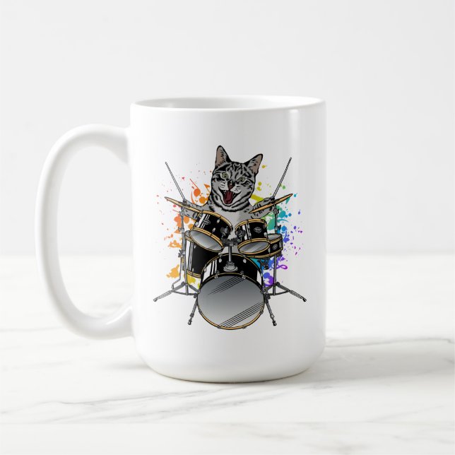 Caneca De Café Drummer Gato Tocando Tambores (Esquerda)