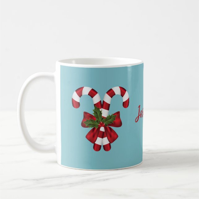 Caneca De Café Duas Balas de Natal Vermelhas e Brancas em Azul co (Esquerda)