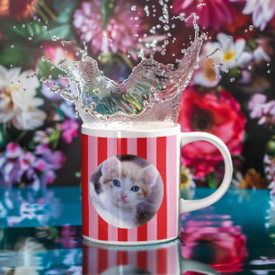 Caneca De Café Duas Fotos em Círculo com Listras Rosa e Vermelho