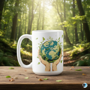 Caneca De Café Duas Mãos Segurando A Terra Coberta Em Verde