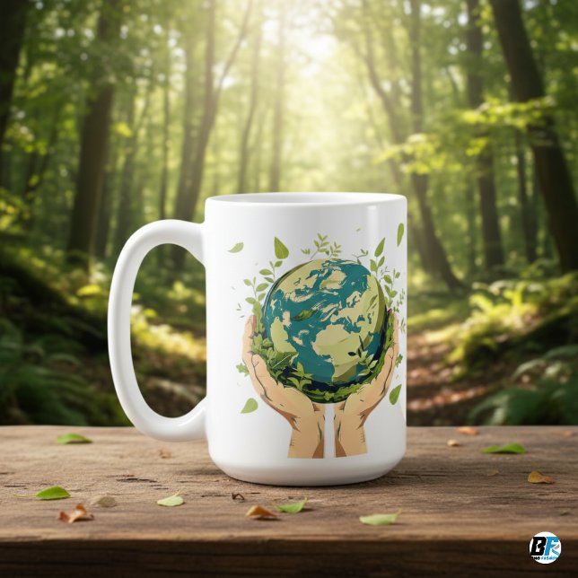 Caneca De Café Duas Mãos Segurando A Terra Coberta Em Verde (Criador carregado)