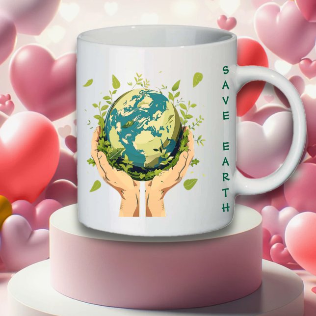 Caneca De Café Duas Mãos Segurando A Terra Coberta Em Verde (Criador carregado)