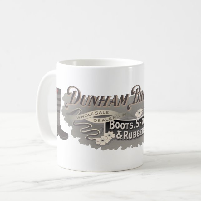 Caneca De Café Dunham Bros. Boots, Calçados e rolas de borracha (Frente Esquerda)