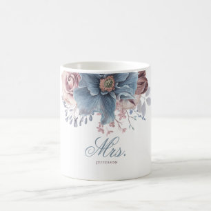 Caneca De Café Dusty Blue e Mauve Floral Wedding MRS. ou MR