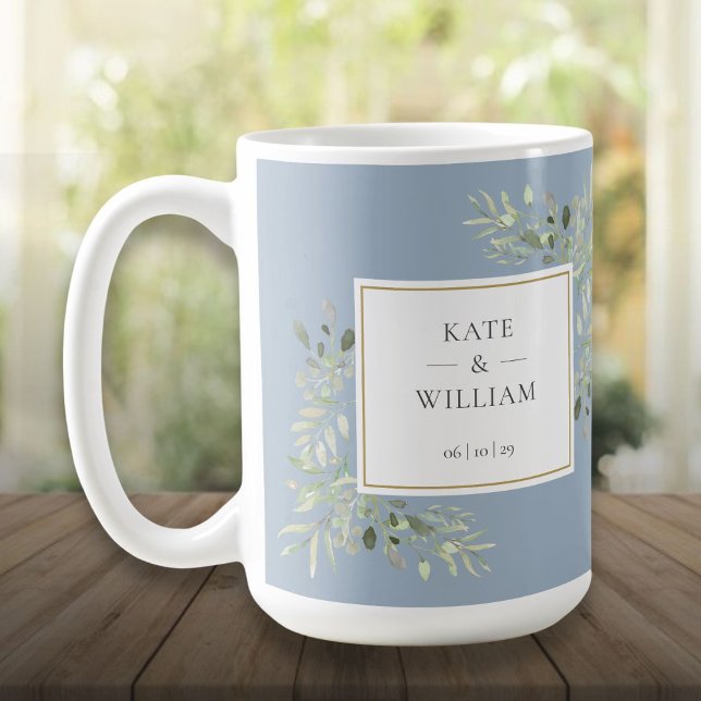 Caneca De Café Dusty Blue Elegant Watercolor Casamento Verde (Dusty Blue Elegant Watercolor Greenery Wedding Coffee Mug)