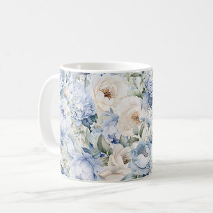 Caneca De Café Dusty Blue Watercolor Flores De Marfim Folha De Ri