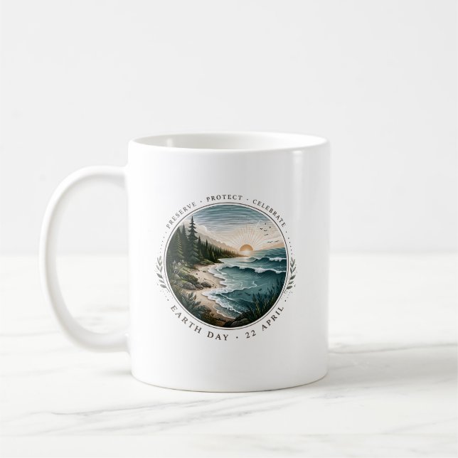 Caneca De Café Earth Day Emblem – Nature Landscape Circle Design (Esquerda)