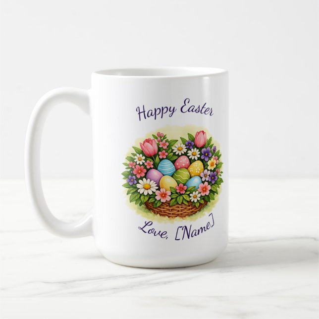 Caneca De Café Easter Spring Basket with Eggs, Flowers, & Leaves (Esquerda)
