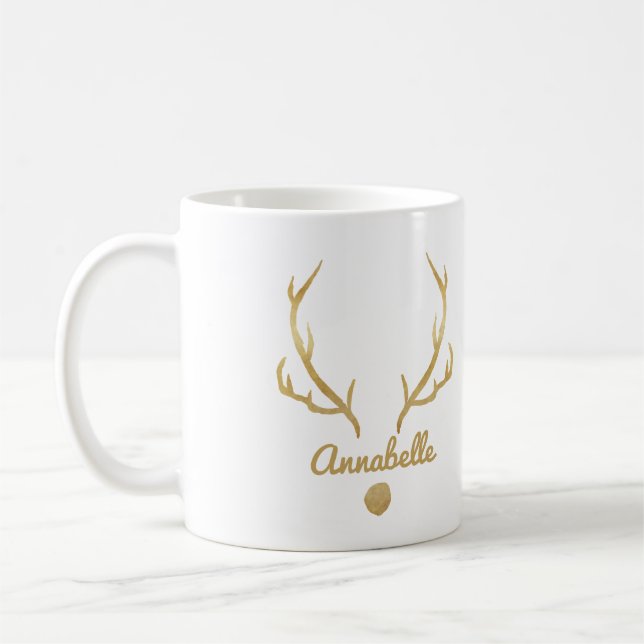 Caneca De Café Efeito Dourado, renas engraçadas, chifres personal (Esquerda)
