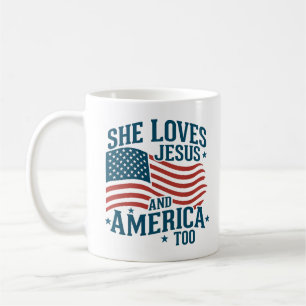 Caneca De Café Ela ama Jesus e América demais bandeira norte-amer