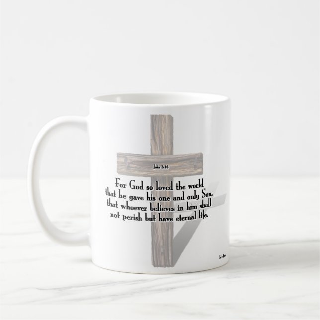 Caneca De Café Ele Aumentou 3 Cruzes Enroscadas + John 3:16 (Esquerda)