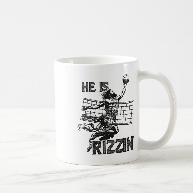 Caneca De Café Ele É Rizzin Engraçado Jesus Jogando Voleibol (Direita)