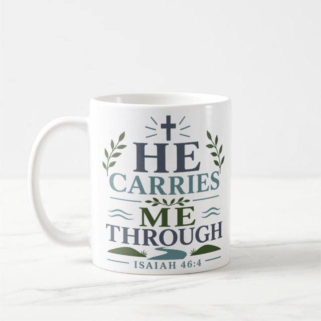 Caneca De Café Ele Me Carrega Através da Fé Cristã Citação (Esquerda)
