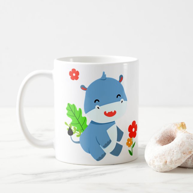 Caneca De Café Elefante Azul Cute Com Flores Vermelhas (Com Donut)