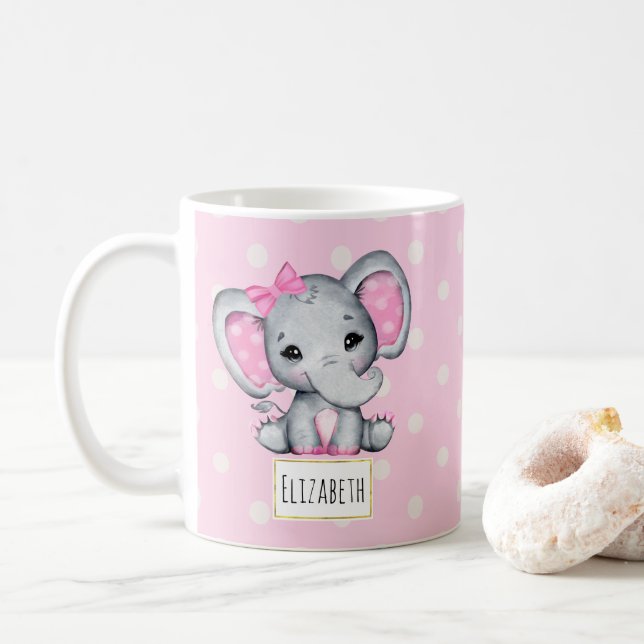 Caneca De Café Elefante-bebê rosa-claro com orelhas-Bolinhas (Com Donut)