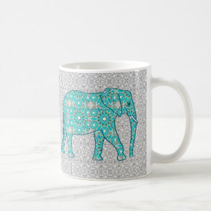 Caneca De Café Elefante da flor da mandala - turquesa, cinza &