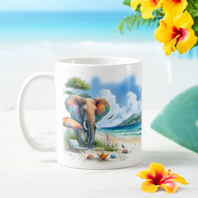 Caneca De Café Elefante de Aquarela de Verão na praia (Criador carregado)