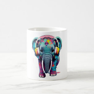 Caneca De Café Elefante de Bebê Bonito com Fones de ouvido