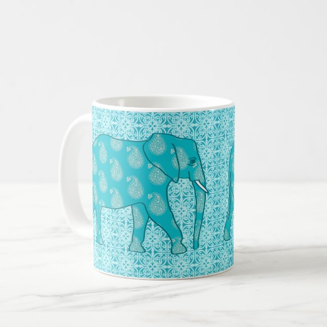 Caneca De Café Elefante de Paisley - turquesa e aqua (Frente Esquerda)