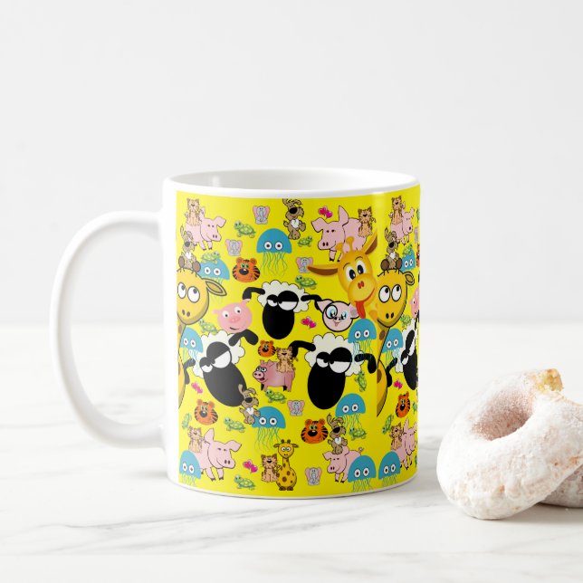 Caneca De Café Elefante, Girafa, Suínos, Canina Amarela (Com Donut)