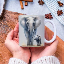 Caneca De Café Elefante Majestoso Africano e Bebê em Aquarela
