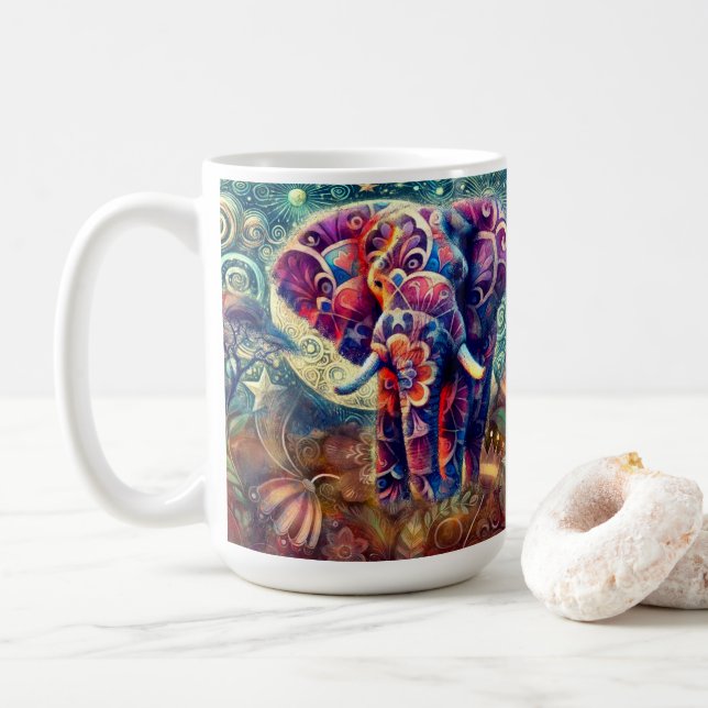 Caneca De Café Elefante Whimssso na Noite Azul Estrelas Roxas Lua (Com Donut)