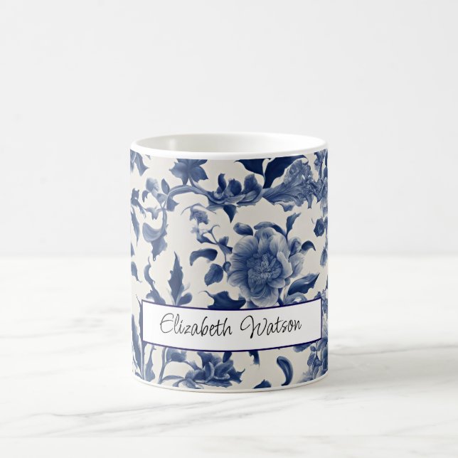 Caneca De Café Elegância de porcelana personalizável: Blue Floral (Centro)