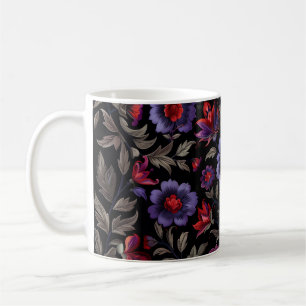 Caneca De Café Elegância Escura: Padrão Floral Preto e Roxo