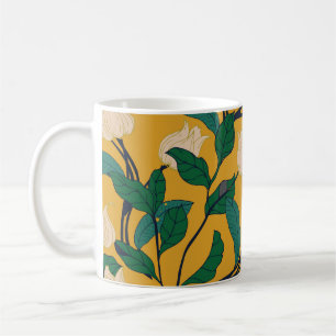 Caneca De Café Elegância Floral: Padrão De Folheto Vintage.