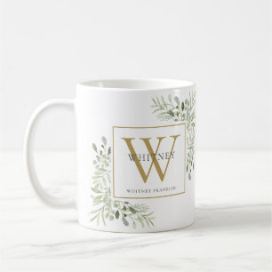Caneca De Café Elegância Verde Dourado Monograma Personalizado