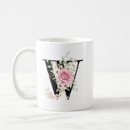 Caneca De Café Elegant Alphabet Coffee Cup with Pink Rose Design