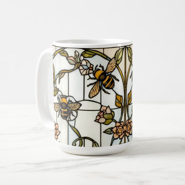 Caneca De Café Elegant art nouveau botanical  bee stain glass (Frente Esquerda)