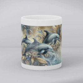 Caneca De Café Elegant Dolphins with Golden Floral Waves