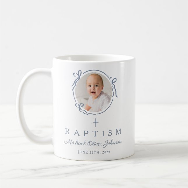Caneca De Café Elegant Dusty Blue Boy Photo Baptism (Esquerda)