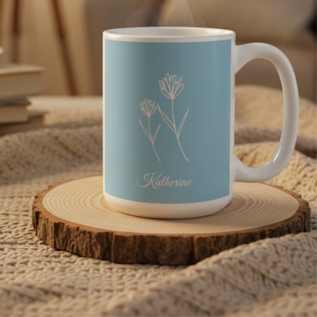 Caneca De Café Elegant Dusty Blue Simple Flower  (Criador carregado)