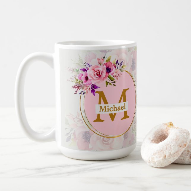 Caneca De Café Elegant Floral Gold Monogram | Name & Initial (Com Donut)