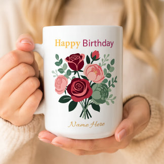 Caneca De Café Elegant Floral Happy Birthday Personalized Name