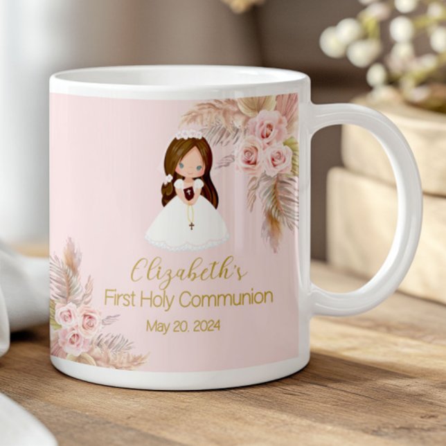 Caneca De Café Elegant Girl First Holy Communion Boho Floral Pink (Criador carregado)
