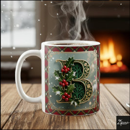 Caneca De Café Elegant Gold Holly Christmas Initial Letter B
