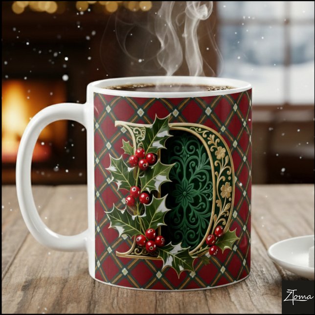 Caneca De Café Elegant Gold Holly Christmas Initial Letter D (Criador carregado)