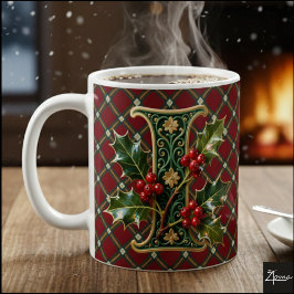 Caneca De Café Elegant Gold Holly Christmas Initial Letter I