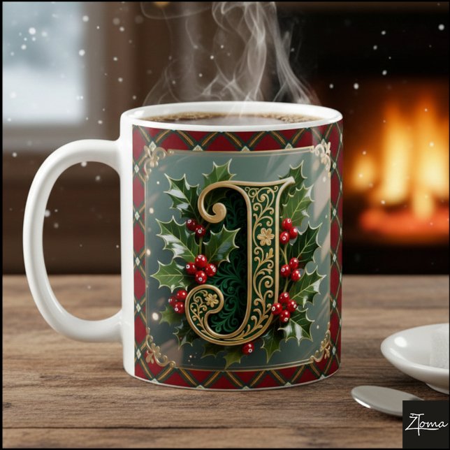 Caneca De Café Elegant Gold Holly Christmas Initial Letter J (Criador carregado)