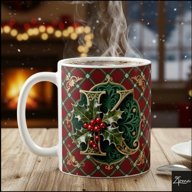 Caneca De Café Elegant Gold Holly Christmas Initial Letter K (Criador carregado)
