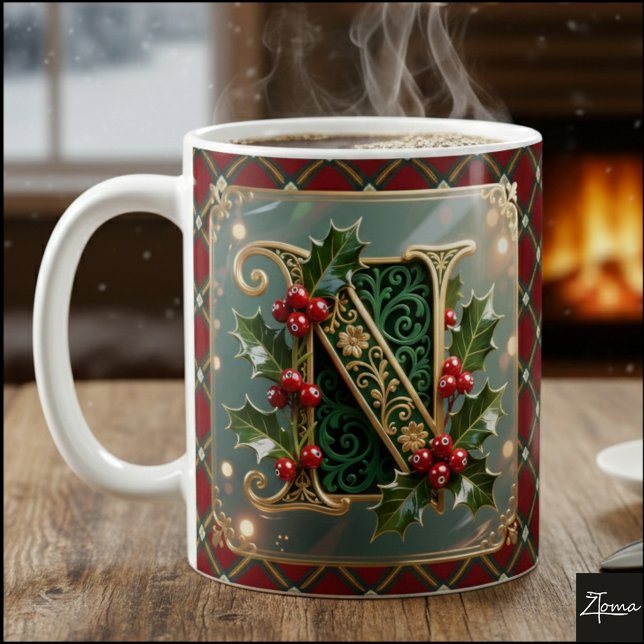 Caneca De Café Elegant Gold Holly Christmas Initial Letter N (Criador carregado)
