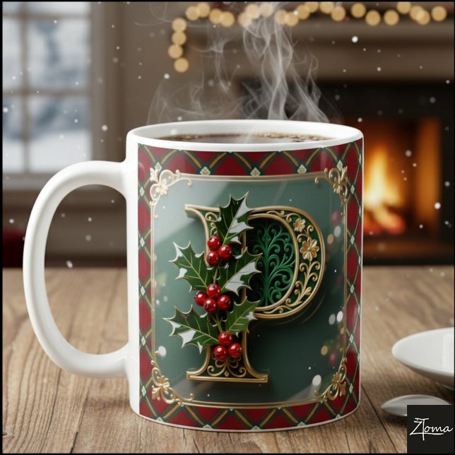 Caneca De Café Elegant Gold Holly Christmas Initial Letter P (Criador carregado)
