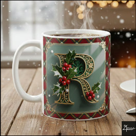 Caneca De Café Elegant Gold Holly Christmas Initial Letter R