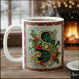 Caneca De Café Elegant Gold Holly Christmas Initial Letter S