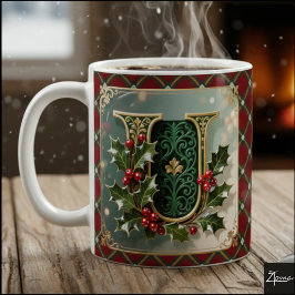 Caneca De Café Elegant Gold Holly Christmas Initial Letter U