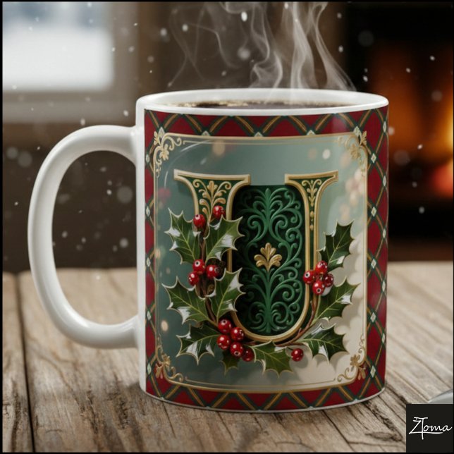 Caneca De Café Elegant Gold Holly Christmas Initial Letter U (Criador carregado)
